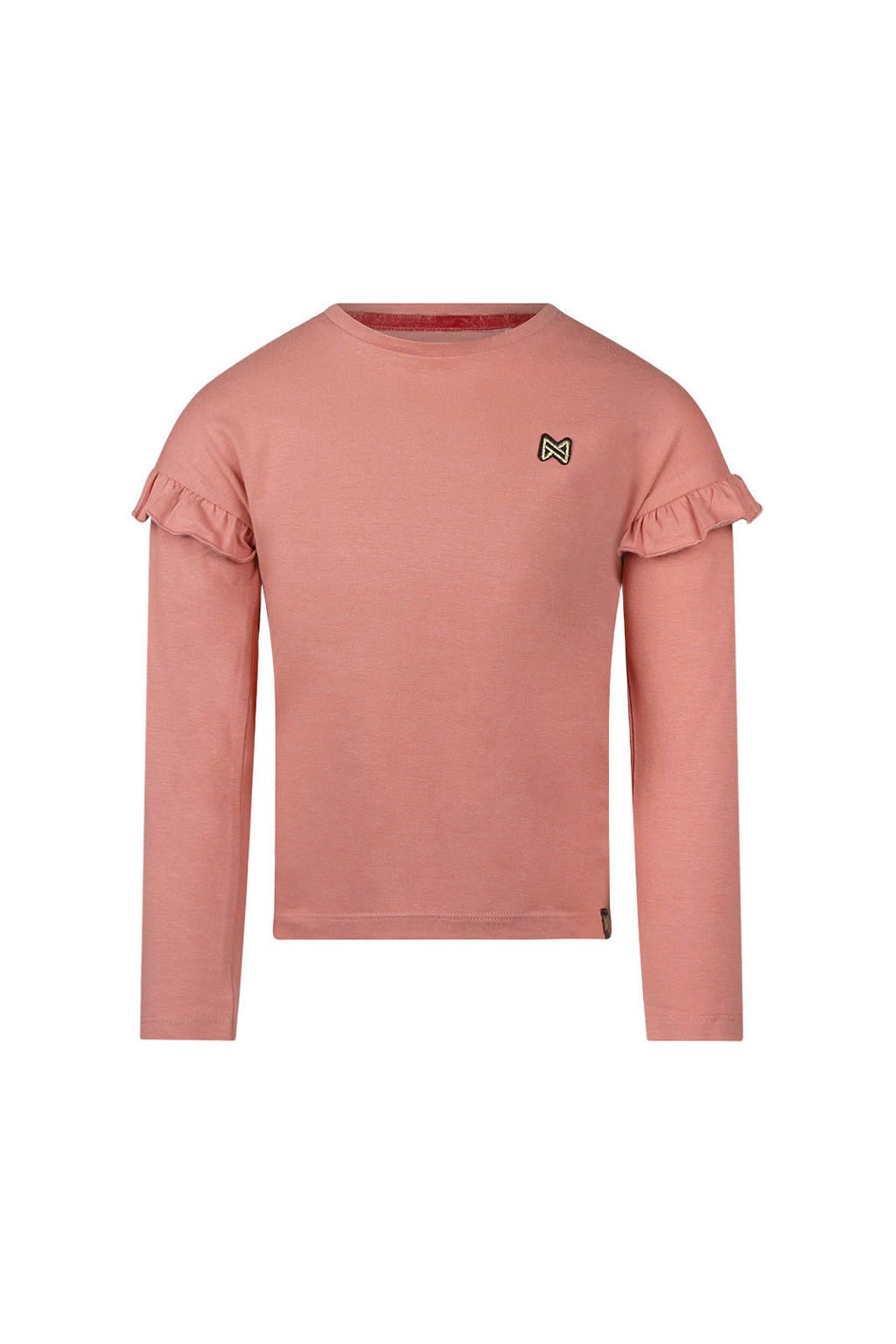 Roze meisjes Koko Noko rechtvallende longsleeve van stretchkatoen met effen, lange mouwen, ronde hals, drukknoopsluiting en ruches