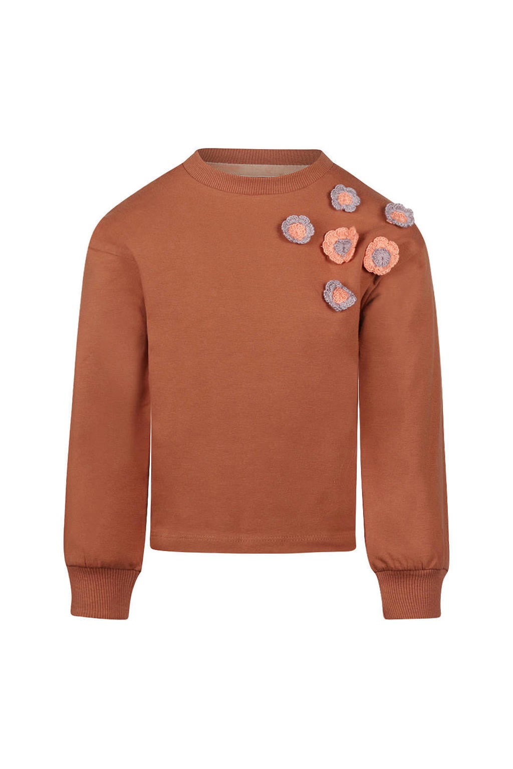 Bruine meisjes Koko Noko oversized gebloemde sweater met lange mouwen, ronde hals, drukknoopsluiting en 3D applicatie