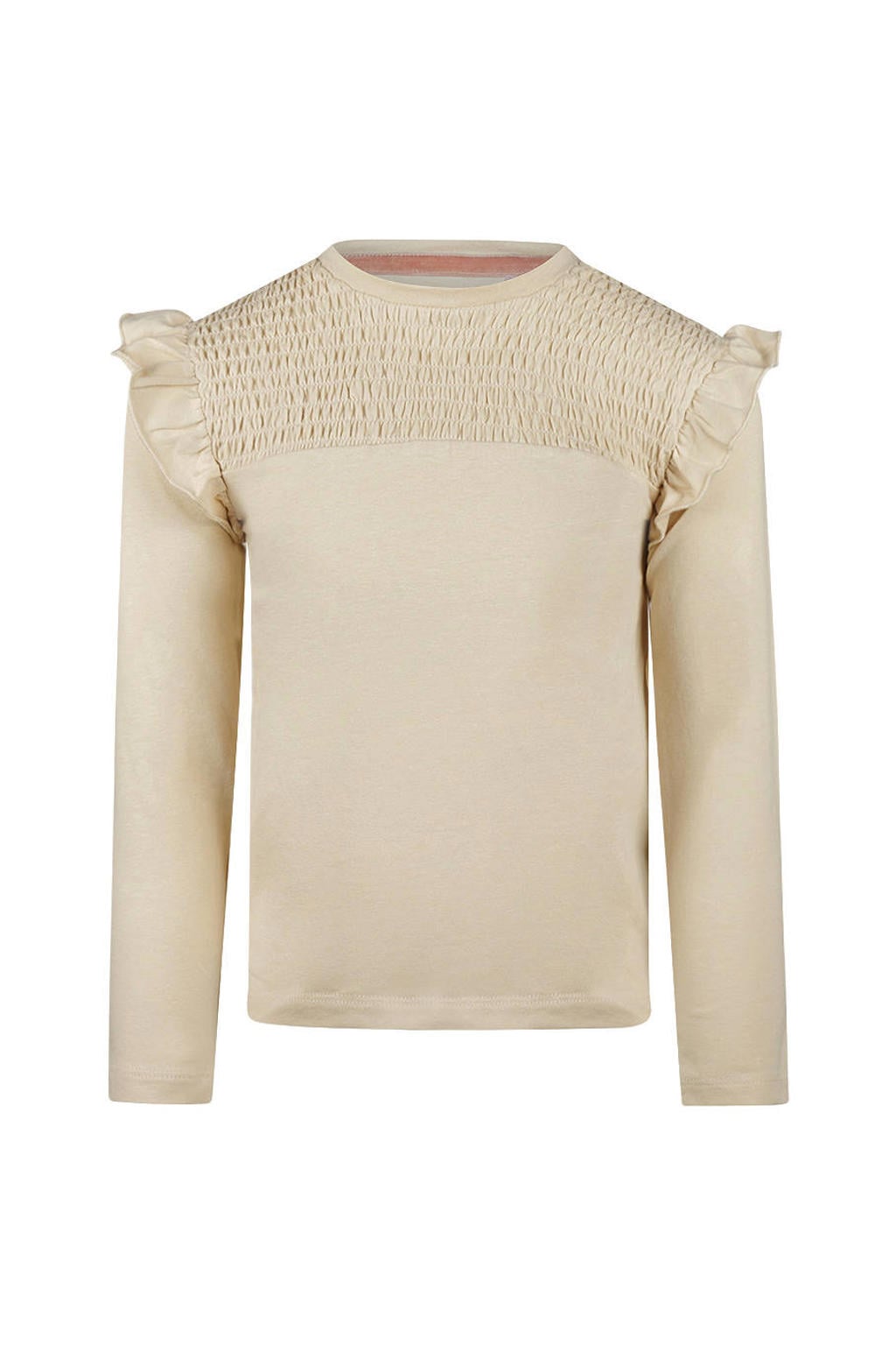 Beige meisjes Koko Noko rechtvallende longsleeve van stretchkatoen met effen, lange mouwen, ronde hals, drukknoopsluiting en ruches