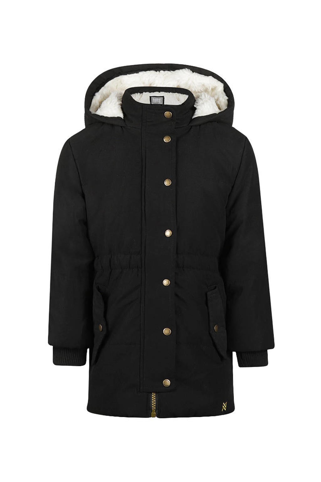 Zwarte meisjes Koko Noko winterparka van polyester met effen, lange mouwen, capuchon en rits- en drukknoopsluiting