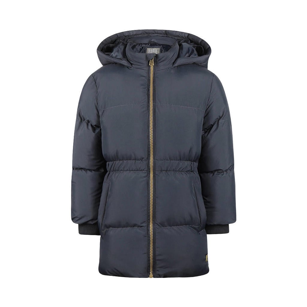 Donkerblauwe meisjes Koko Noko winterjas van polyester met effen, lange mouwen, capuchon en ritssluiting