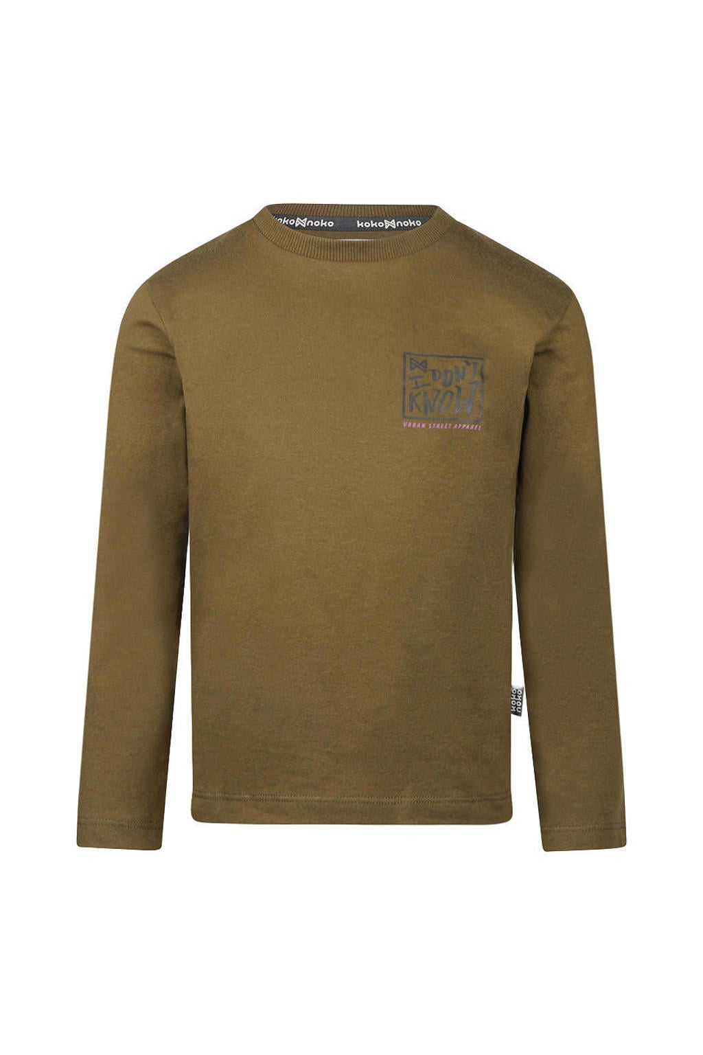 Olijfgroene jongens Koko Noko rechtvallende longsleeve van stretchkatoen met backprint, lange mouwen, ronde hals en drukknoopsluiting