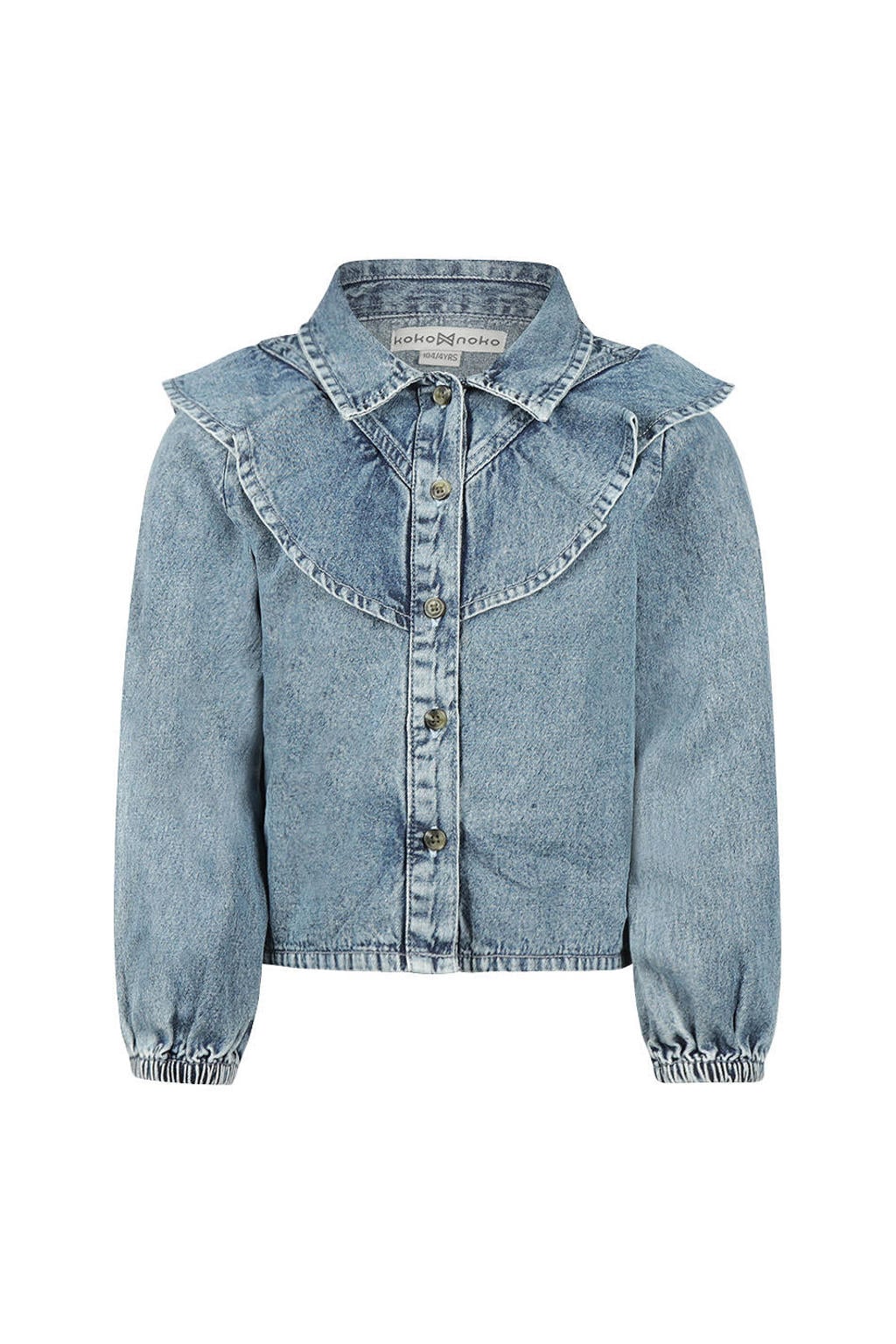 Light blue denim meisjes Koko Noko rechtvallende blouse van denim met effen, lange mouwen, klassieke kraag, knoopsluiting en ruches