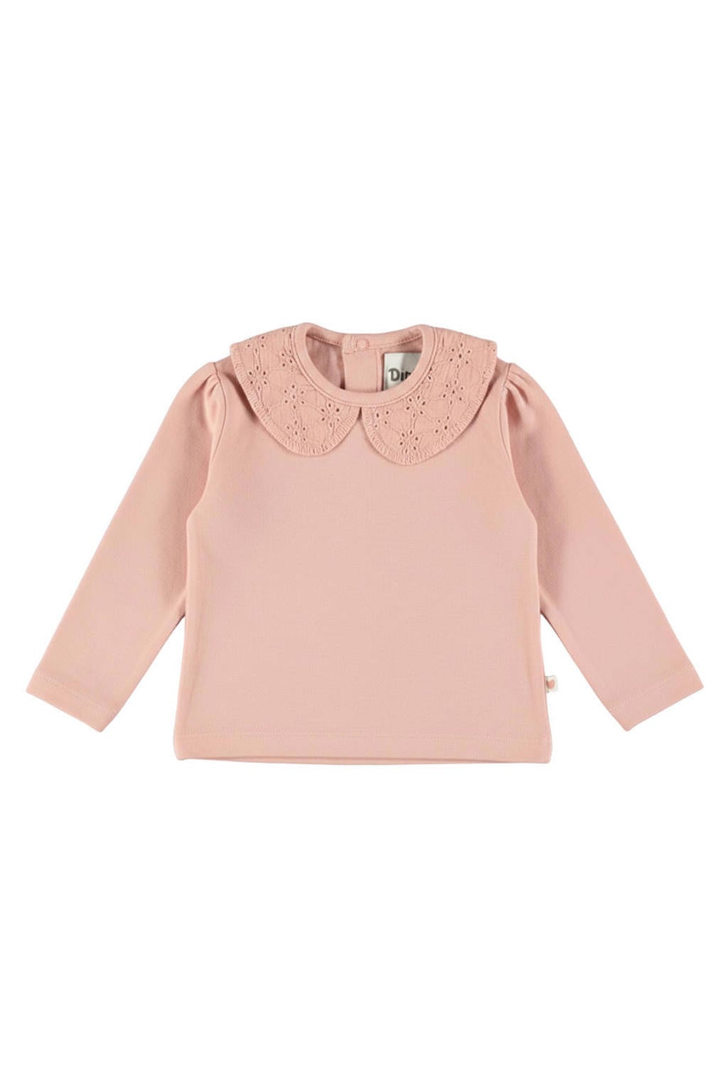 Roze meisjes Dirkje aansluitende longsleeve van stretchkatoen met effen, lange mouwen, ronde hals, drukknoopsluiting en broderie
