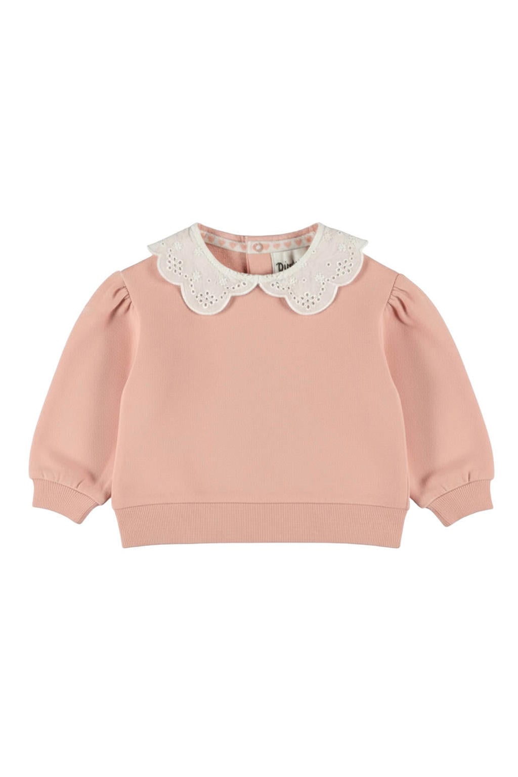 Roze meisjes Dirkje rechtvallende sweater van stretchkatoen met effen, lange mouwen, ronde hals, drukknoopsluiting en broderie