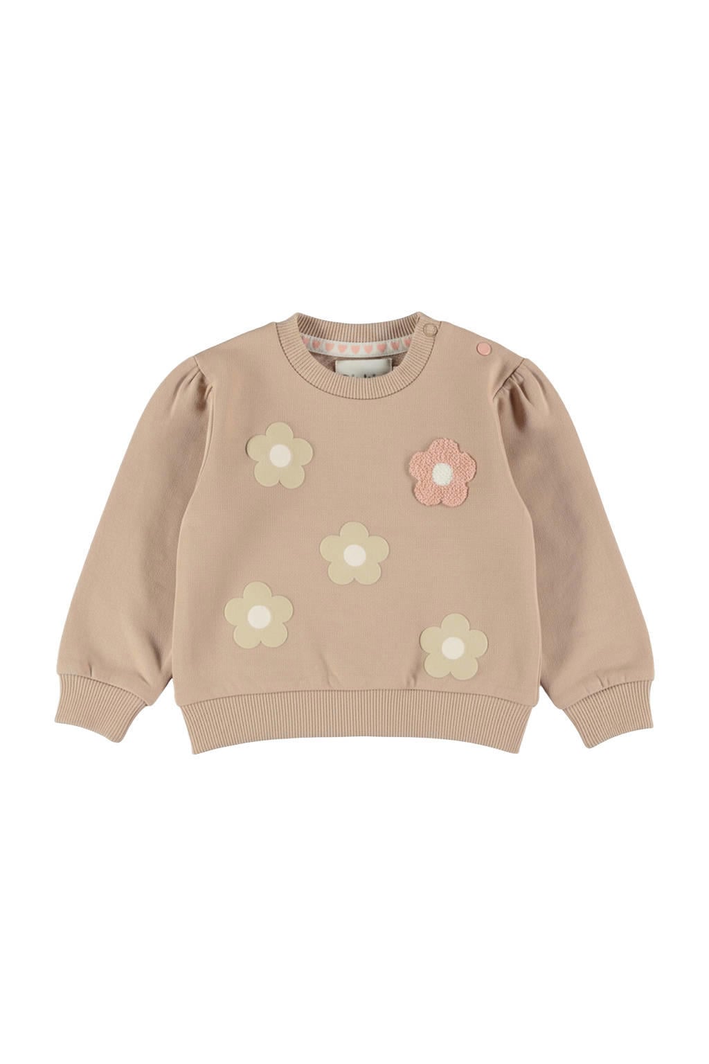 Beige meisjes Dirkje rechtvallende gebloemde sweater van stretchkatoen met ronde hals, drukknoopsluiting en geribde boorden