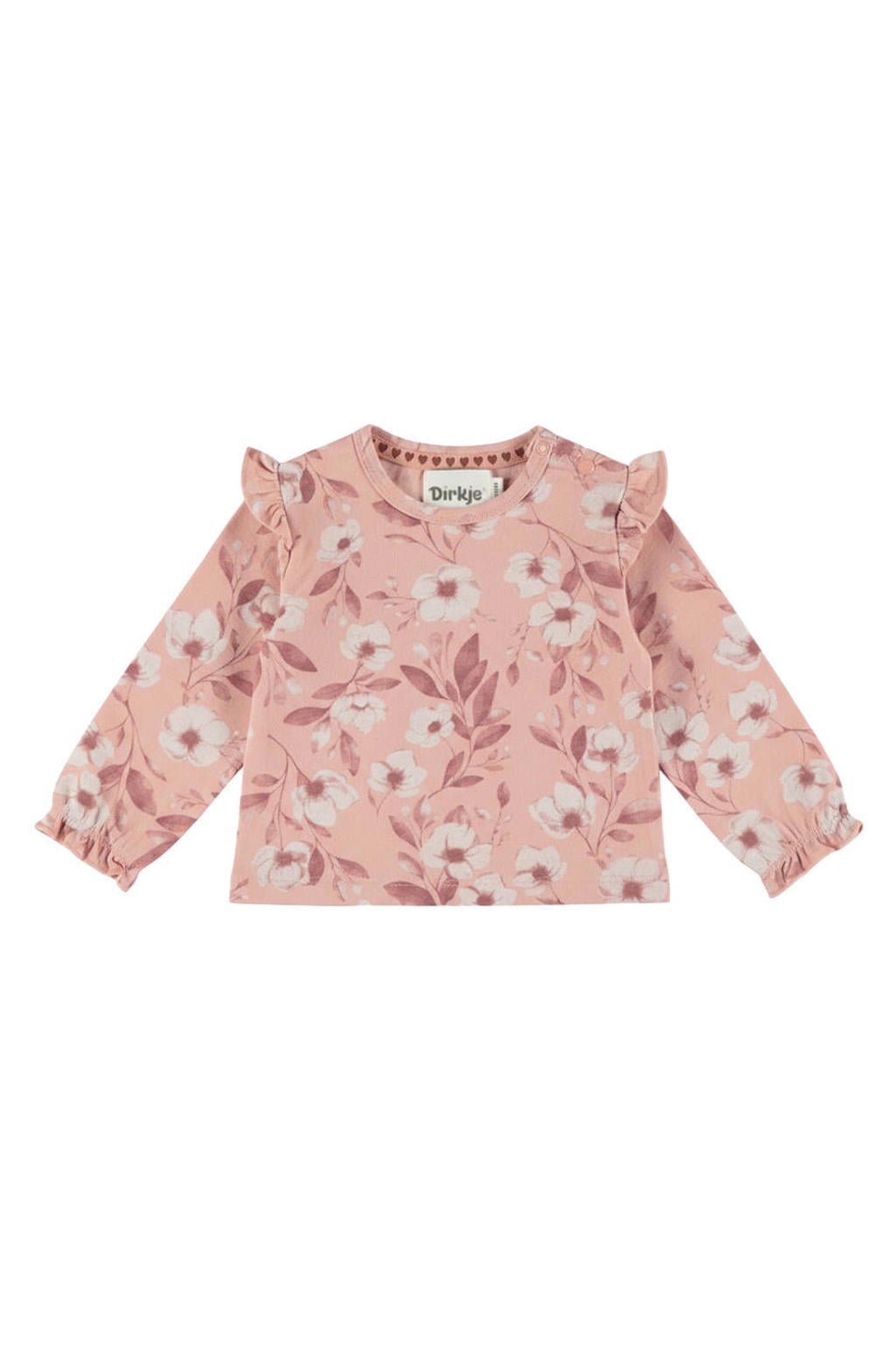 Roze meisjes Dirkje rechtvallende gebloemde longsleeve van stretchkatoen met lange mouwen, ronde hals, drukknoopsluiting en ruches