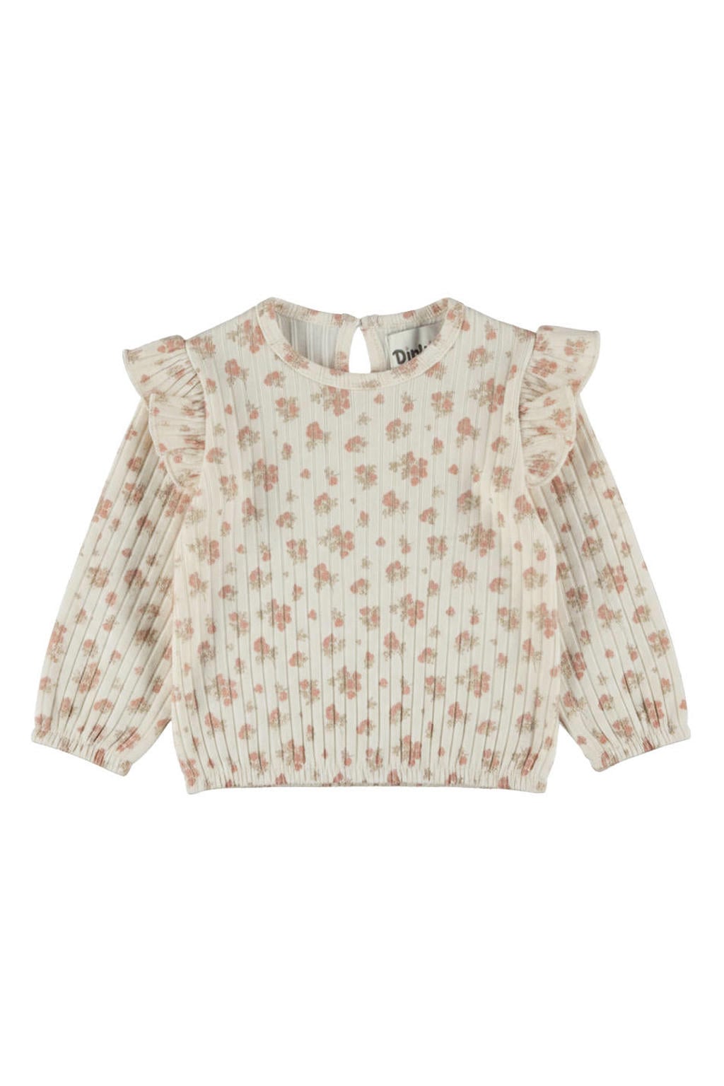 Witte meisjes Dirkje rechtvallende gebloemde longsleeve van stretchkatoen met lange mouwen, ronde hals, knoopsluiting en ruches