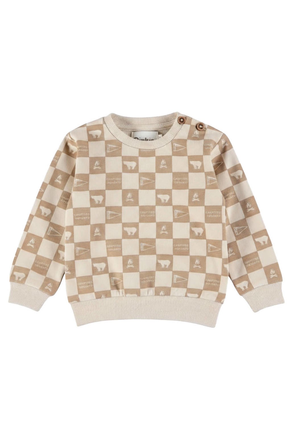 Beige jongens Dirkje rechtvallende sweater van stretchkatoen met lange mouwen, ronde hals, knoopsluiting en geribde boorden