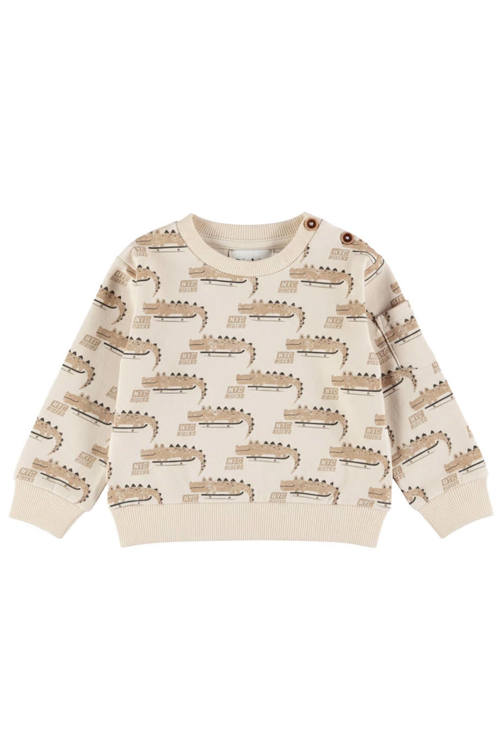 Beige jongens Dirkje rechtvallende sweater van stretchkatoen met lange mouwen, ronde hals, knoopsluiting en geribde boorden