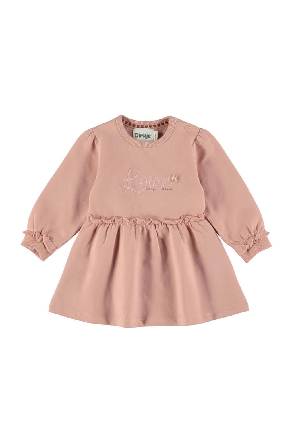 Roze meisjes Dirkje bohemian jurk met tekst met ronde hals, drukknoopsluiting en franjes