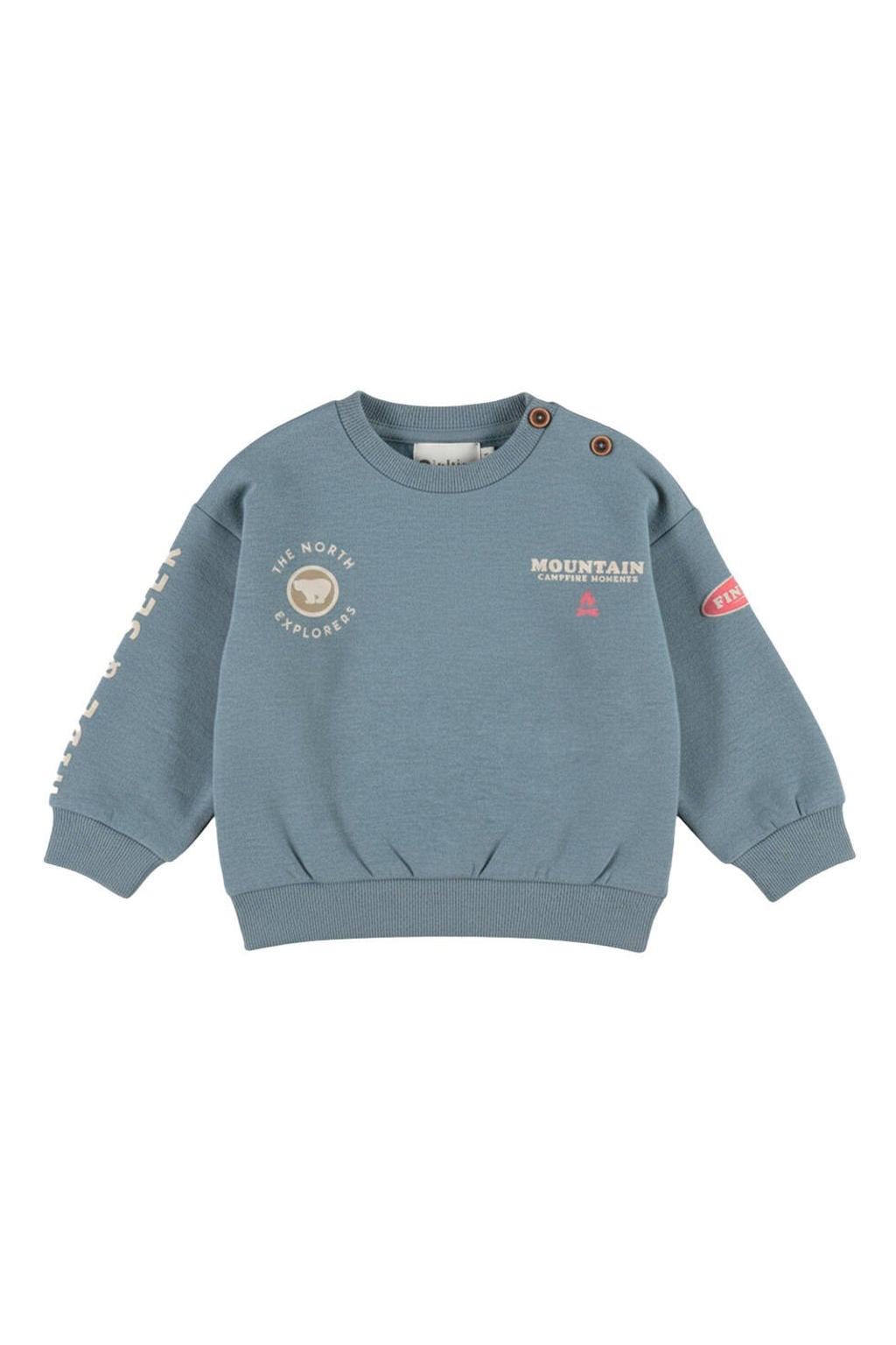 Blauwe jongens Dirkje rechtvallende sweater met backprint, lange mouwen, ronde hals, drukknoopsluiting en geribde boorden