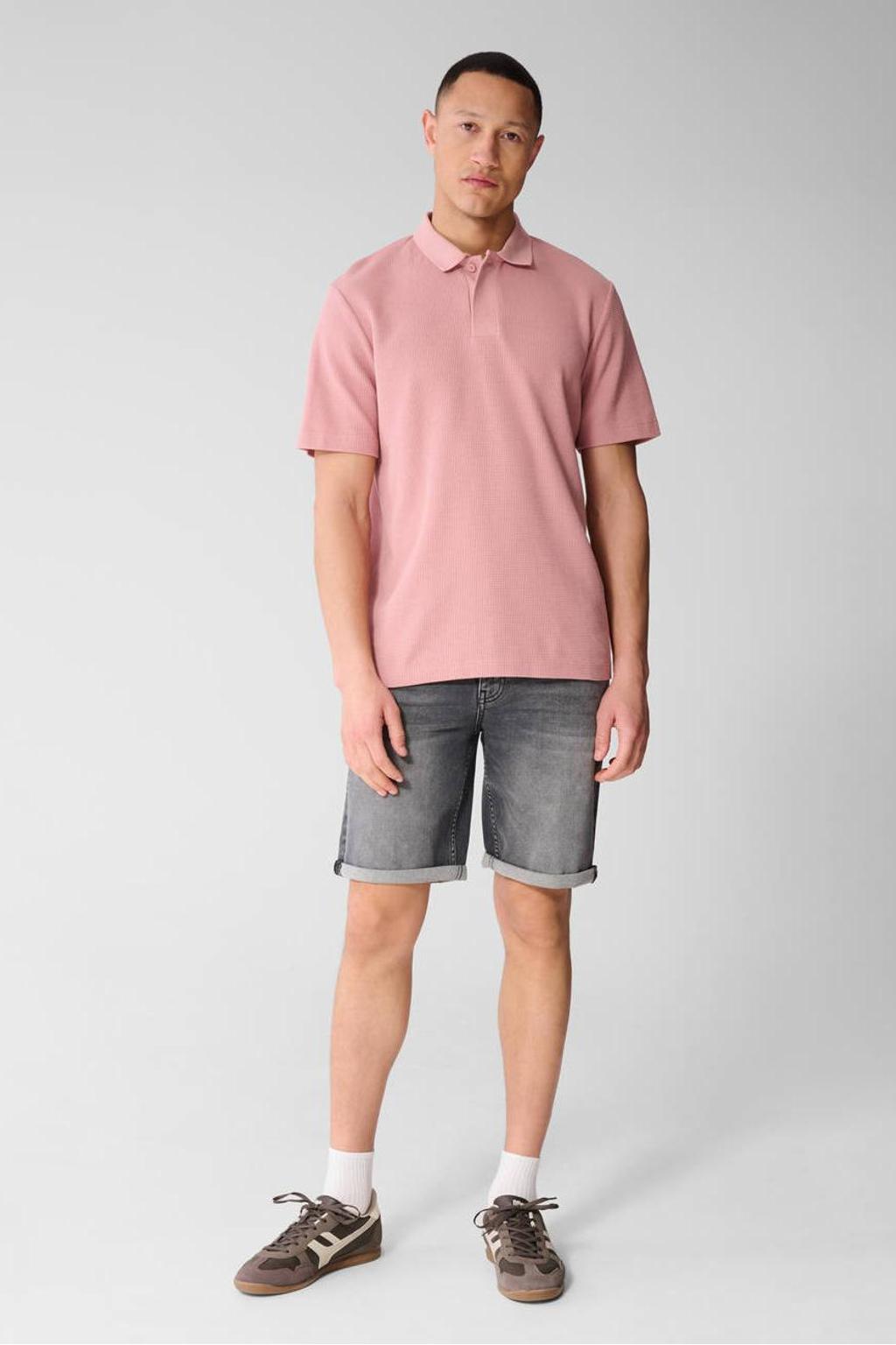 Roze heren Shoeby regular polo van katoen met effen, korte mouwen, blinde knoopsluiting en wafel
