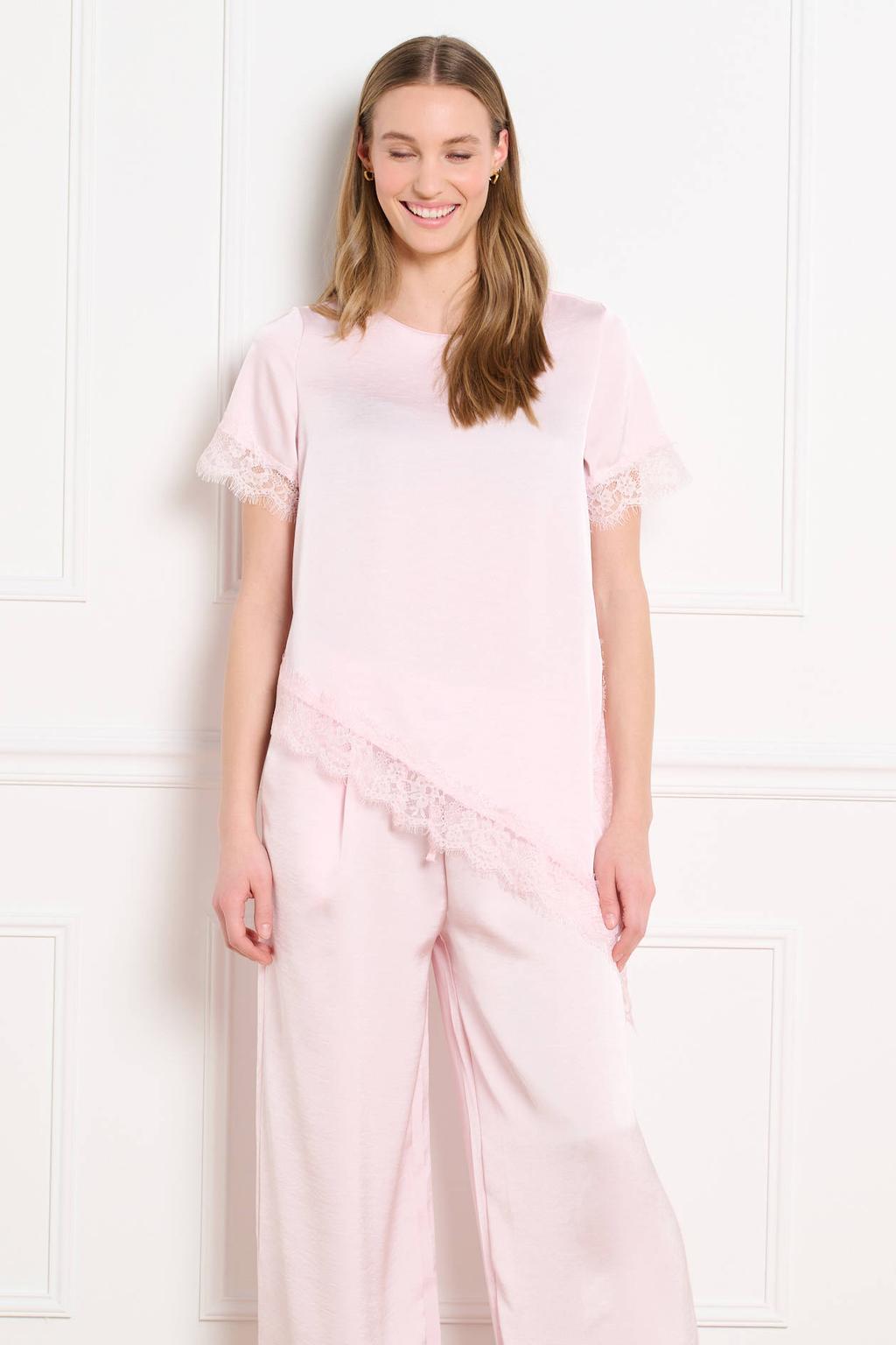 Lichtroze dames LOLALIZA asymmetrische top van polyester met effen, korte mouwen en ronde hals