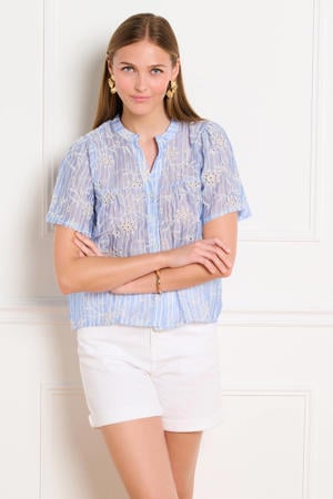 gestreepte blouse broderie lichtblauw