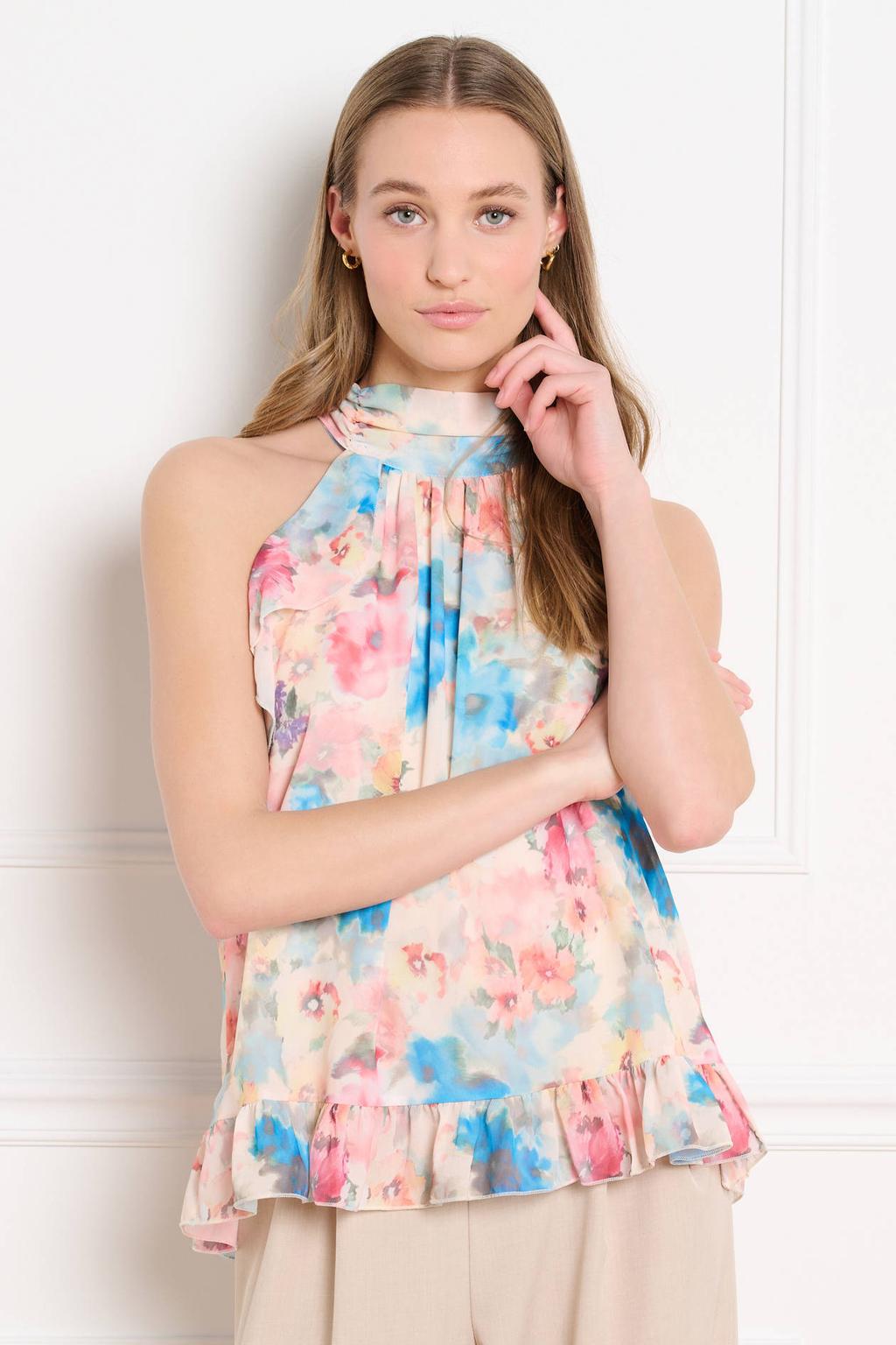 Ecru, blauw en roze dames LOLALIZA gebloemde blousetop van polyester met opstaande kraag en ruches