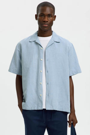 relaxed gestreept casual overhemd met linnen blauw