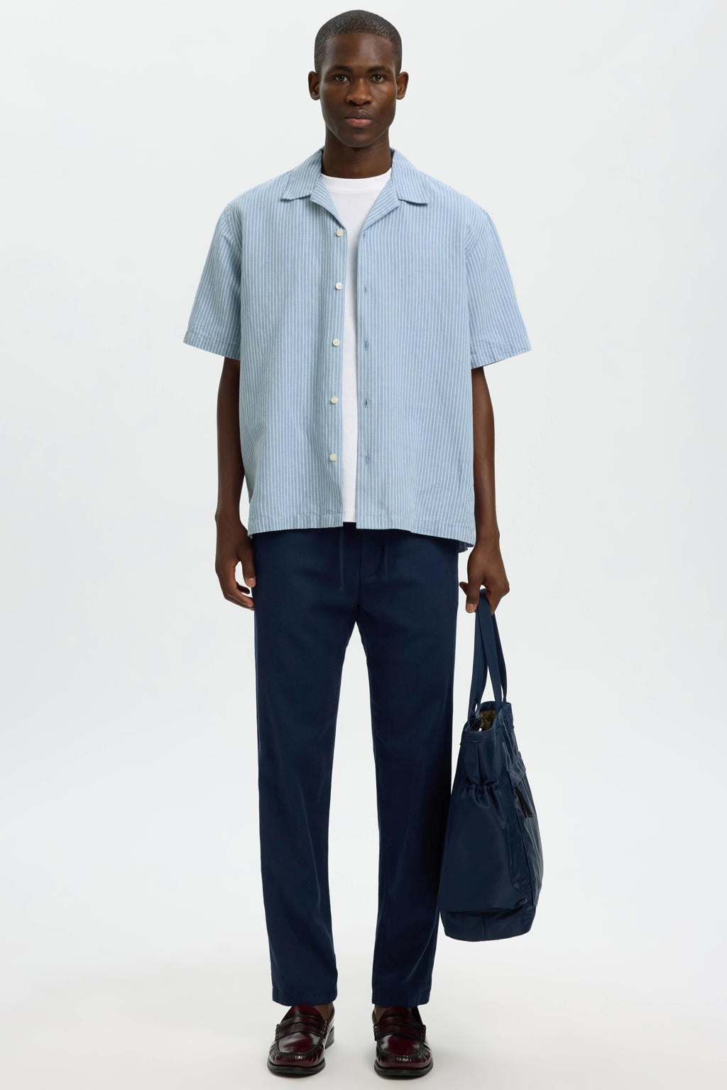 Blauwe heren Selected relaxed gestreept casual overhemd van linnen met korte mouwen, reverskraag en knoopsluiting
