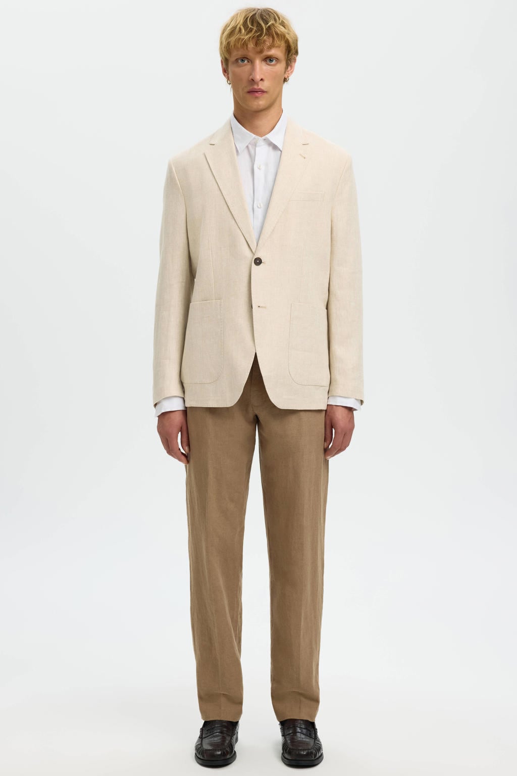 Witte heren Selected regular linnen overhemd met lange mouwen, klassieke kraag en knoopsluiting