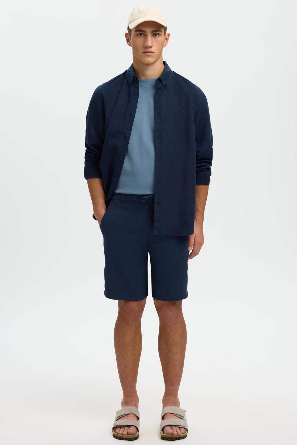 Selected SLHREGULAR-BRODY regular chino short met linnen donkerblauw