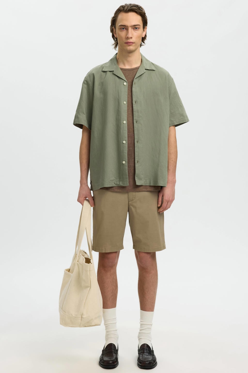 Groene heren Selected relaxed casual overhemd van linnen met effen, korte mouwen, reverskraag en knoopsluiting