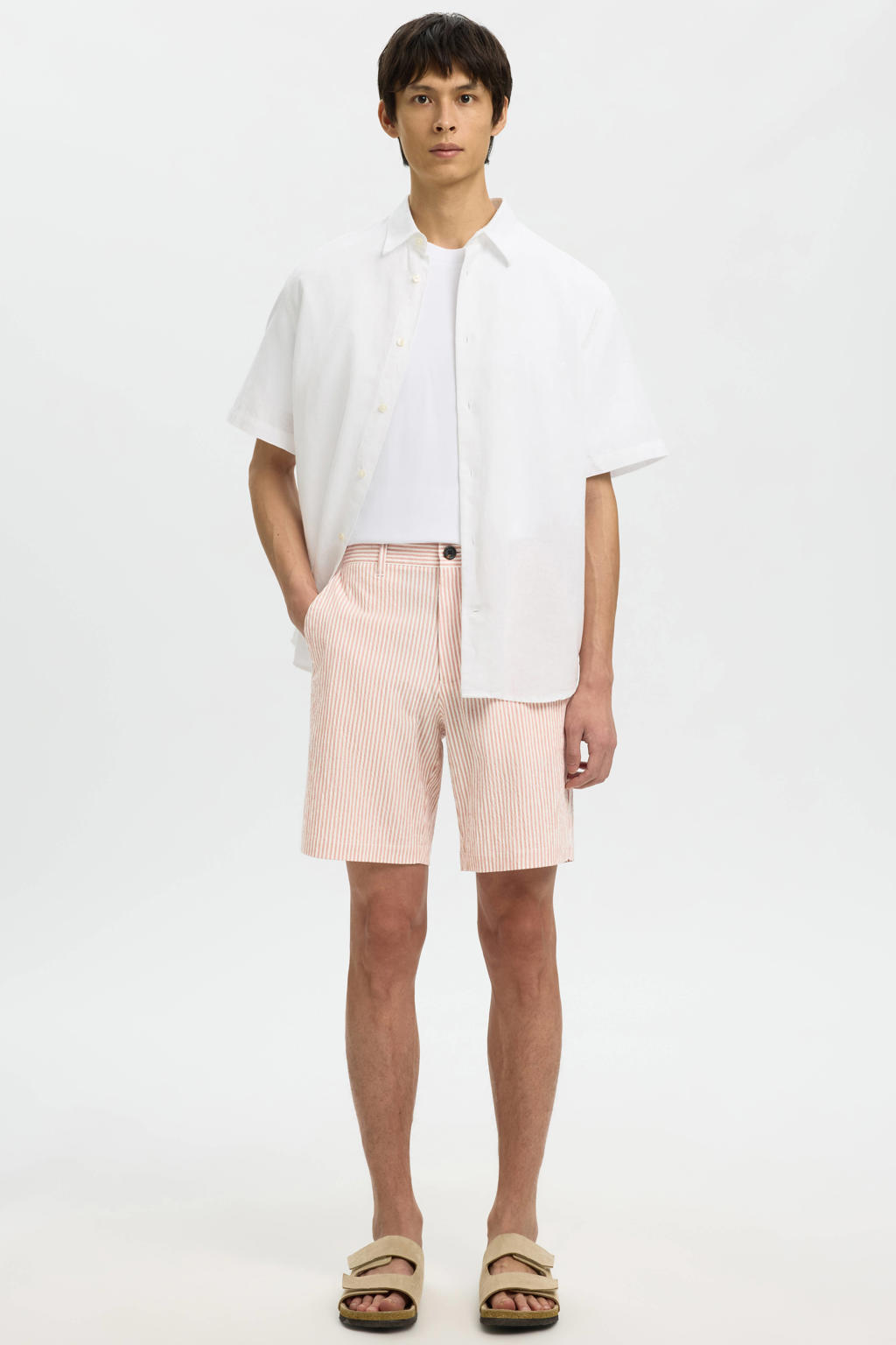 Selected SLHREGULAR-KARL regular waist gestreepte chino short seersucker roze