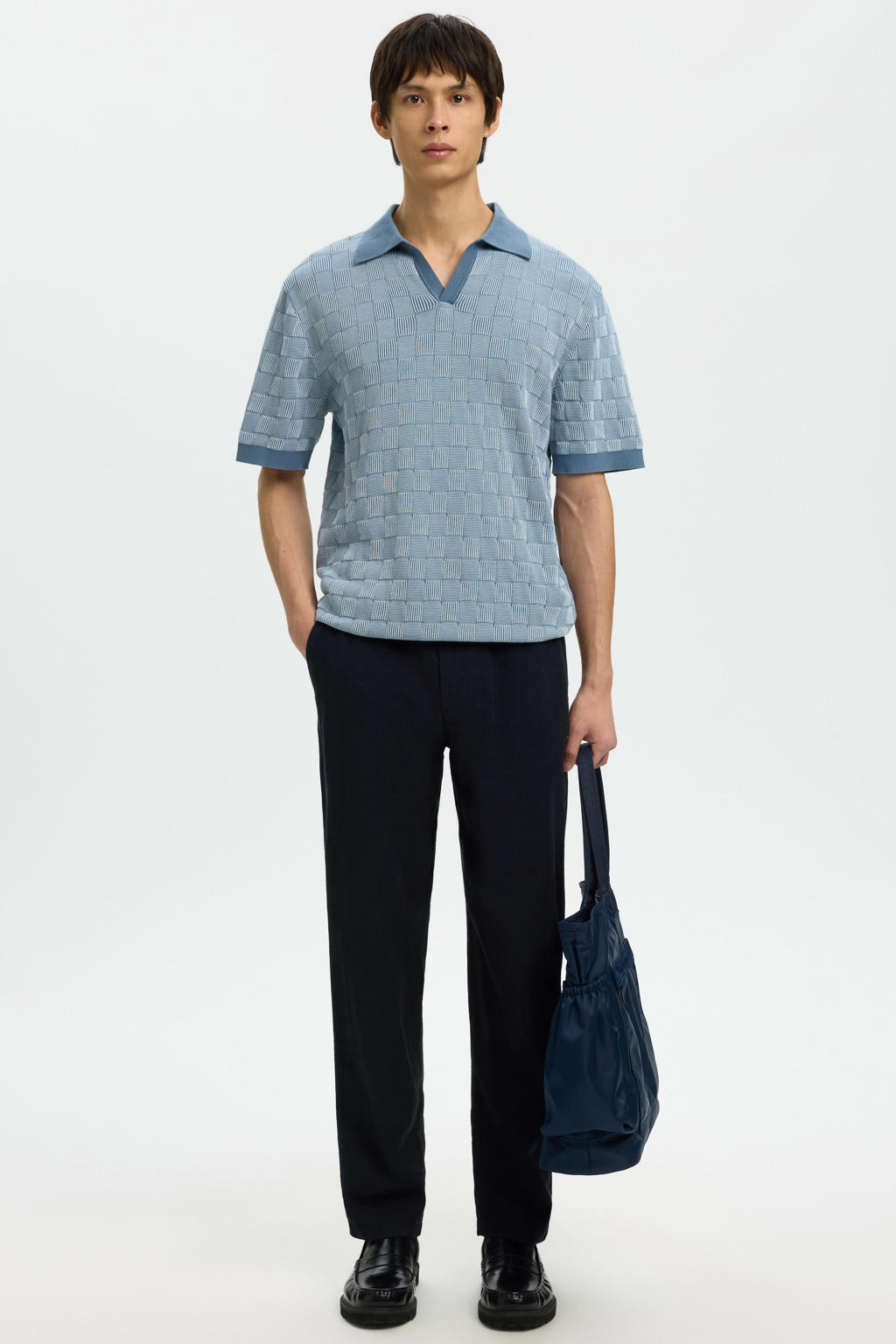 Blauwe heren Selected relaxed polo gebreid van katoen met korte mouwen