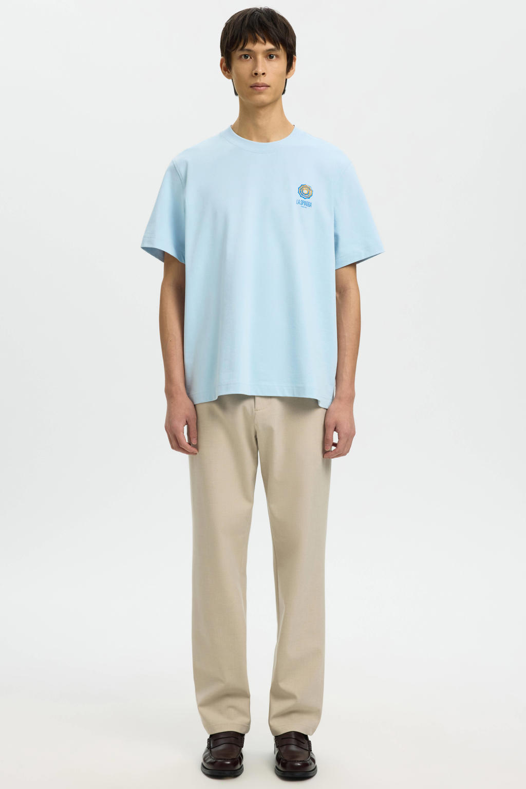 Lichtblauwe heren Selected regular T-shirt van katoen met backprint, korte mouwen en ronde hals