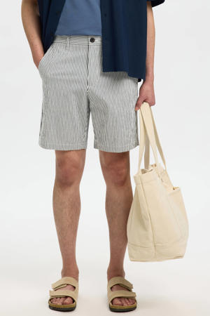 SLHREGULAR-KARL regular waist gestreepte chino short seersucker donkerblauw