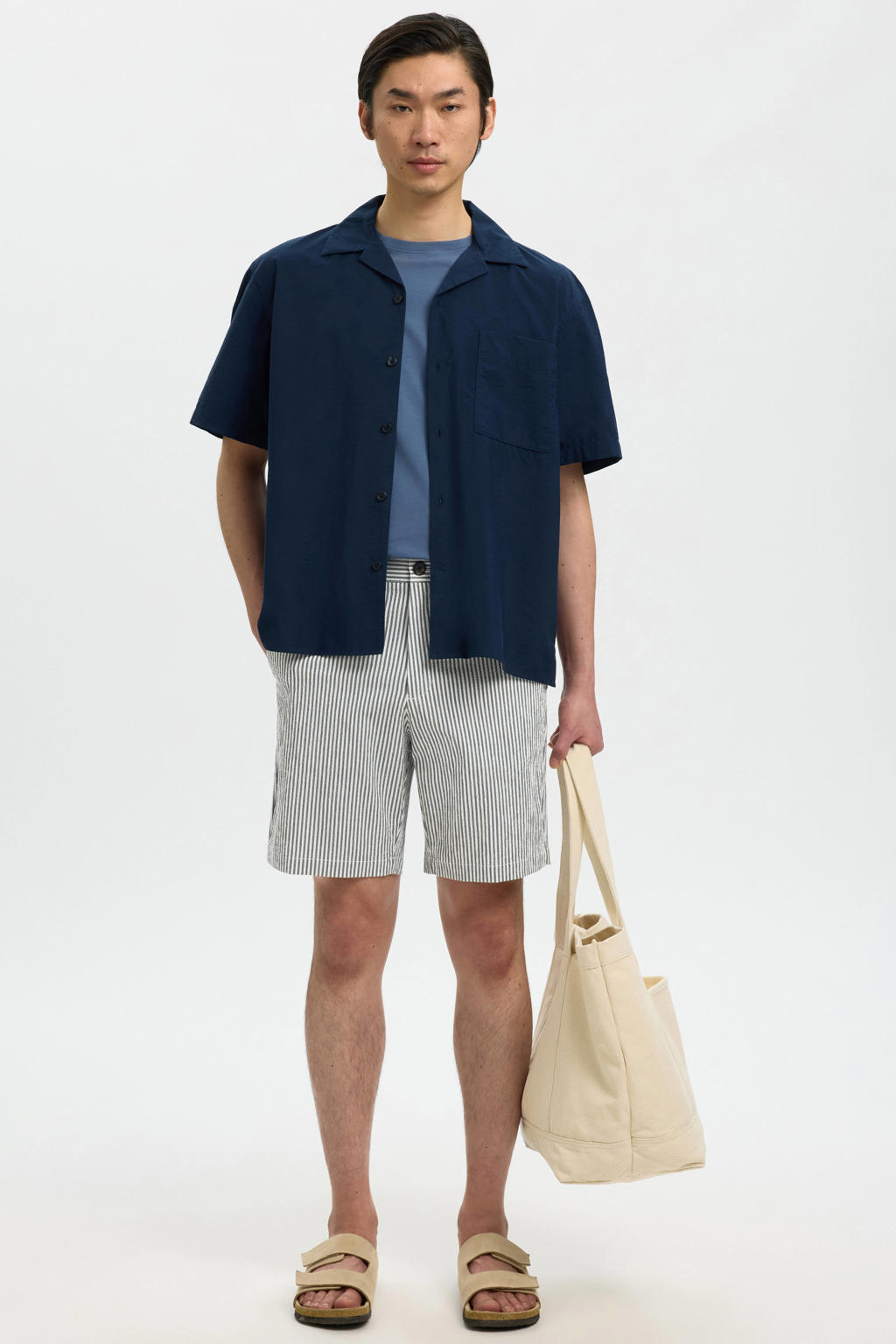 Selected SLHREGULAR-KARL regular waist gestreepte chino short seersucker donkerblauw
