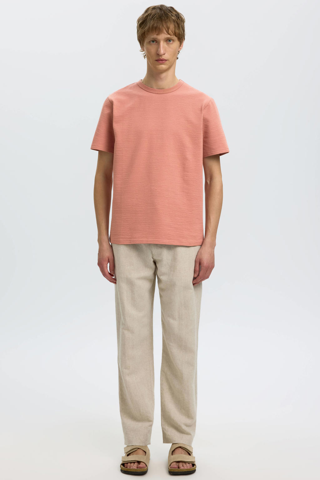 Roze heren Selected regular T-shirt seersucker van katoen met effen, korte mouwen en ronde hals