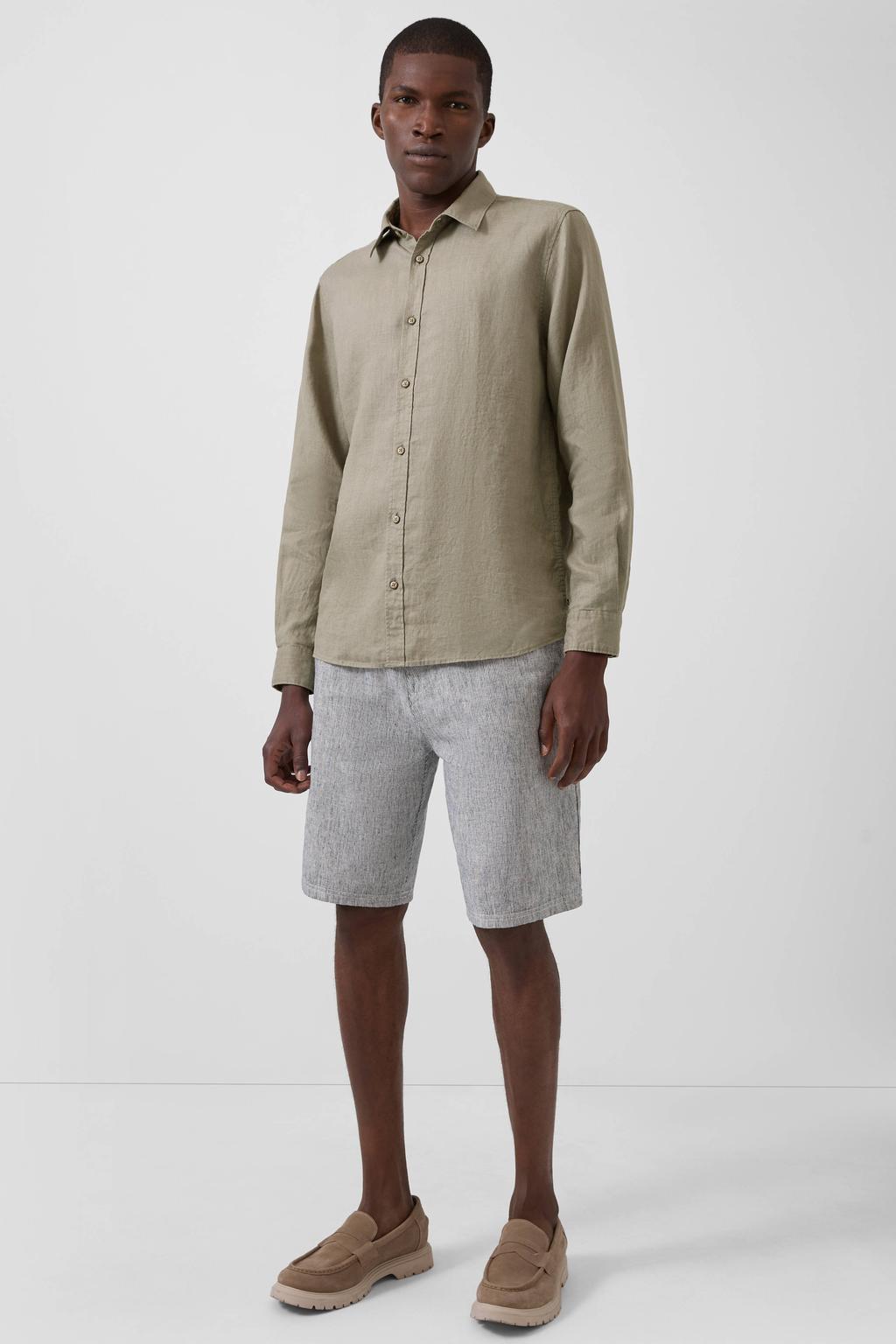 Taupe heren s.Oliver regular casual overhemd van linnen met effen, korte mouwen, klassieke kraag en knoopsluiting