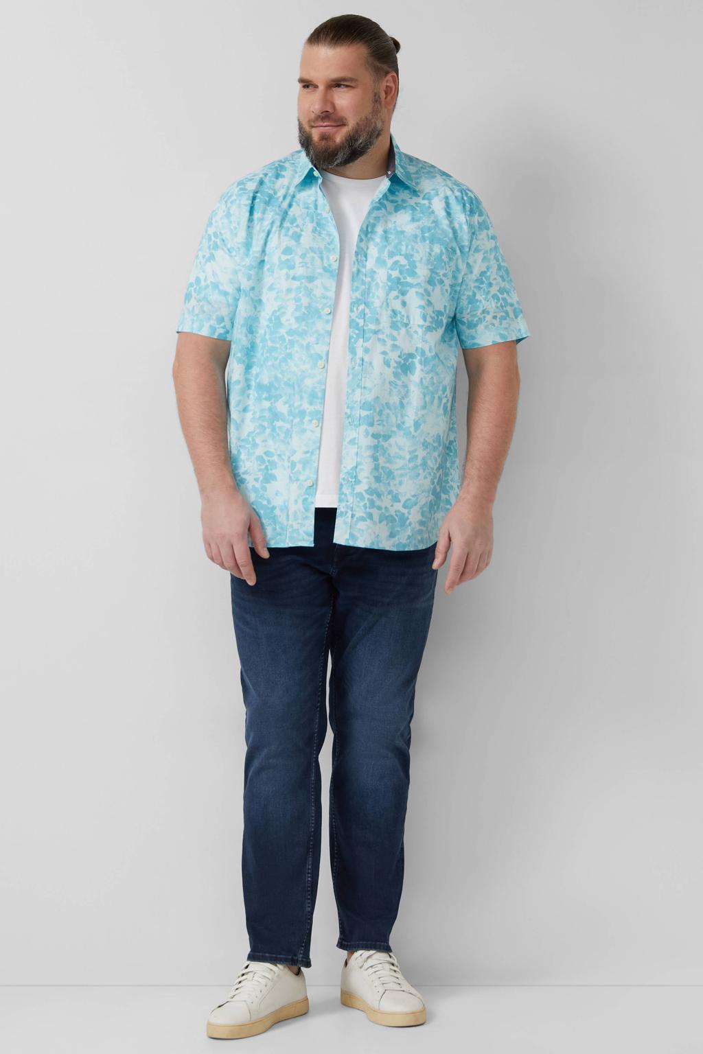 Turquoise heren s.Oliver Big Size regular casual overhemd van katoen met korte mouwen en klassieke kraag