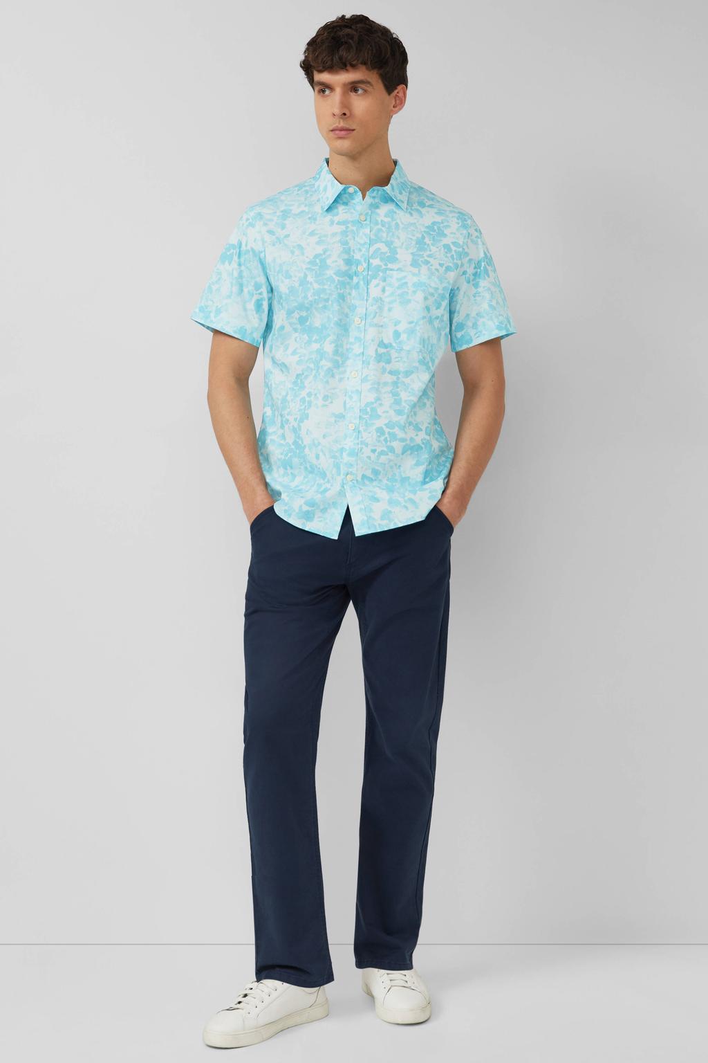 Blauwe heren s.Oliver regular casual overhemd van katoen met korte mouwen, klassieke kraag en knoopsluiting