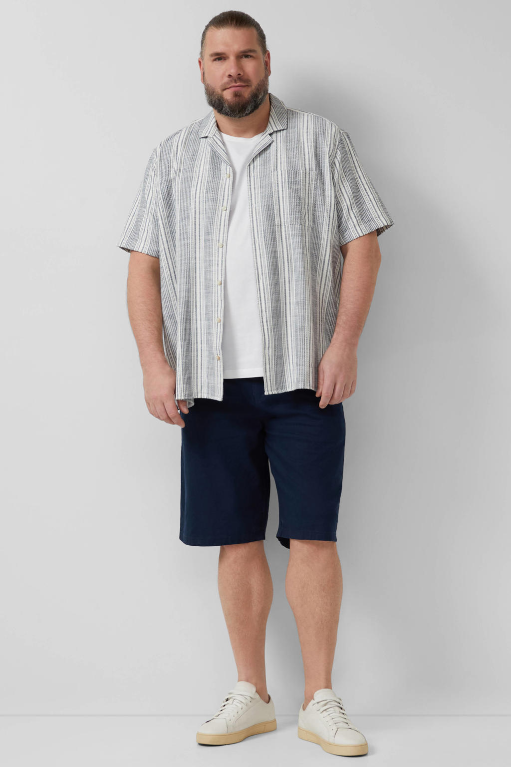 s.Oliver Big Size straight bermuda short met linnen donkerblauw