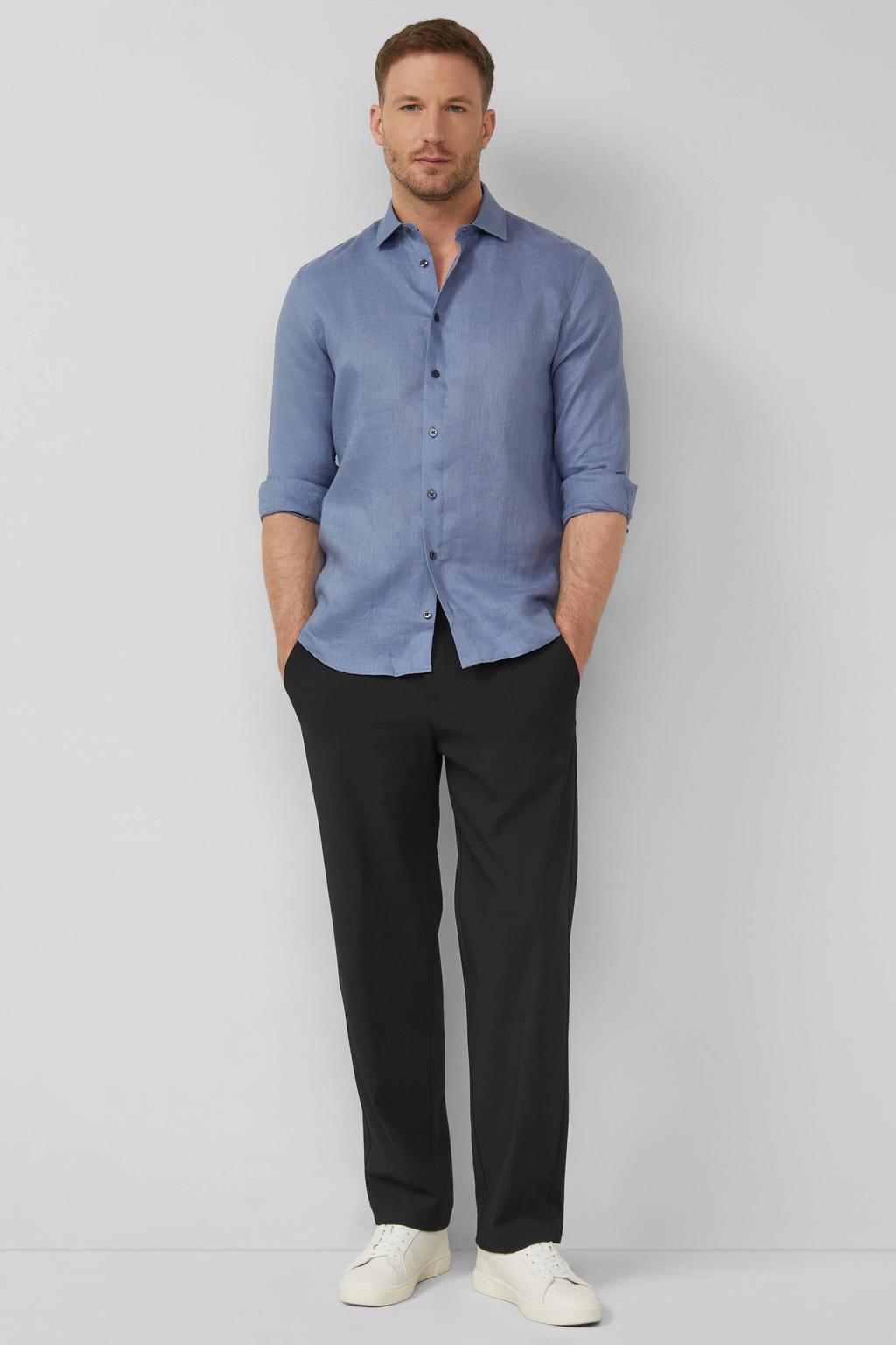 Blauwe heren s.Oliver BLACK LABEL regular casual overhemd van linnen met effen, lange mouwen, klassieke kraag en knoopsluiting