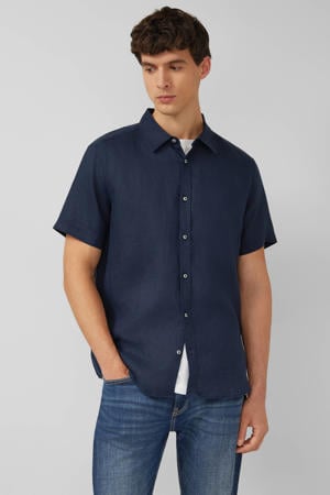 regular casual overhemd met linnen donkerblauw