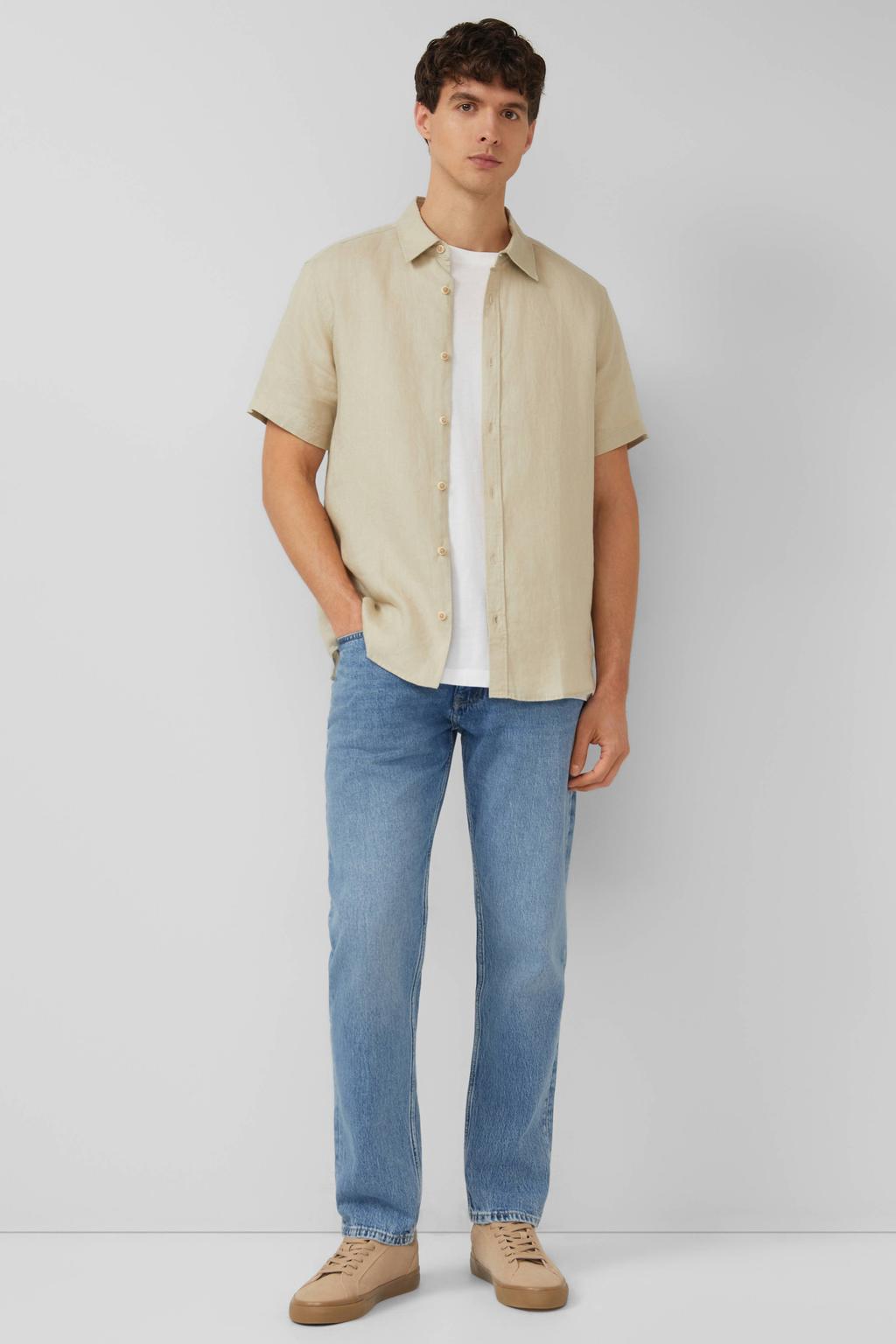 Beige heren s.Oliver regular casual overhemd van linnen met effen, korte mouwen, klassieke kraag en knoopsluiting
