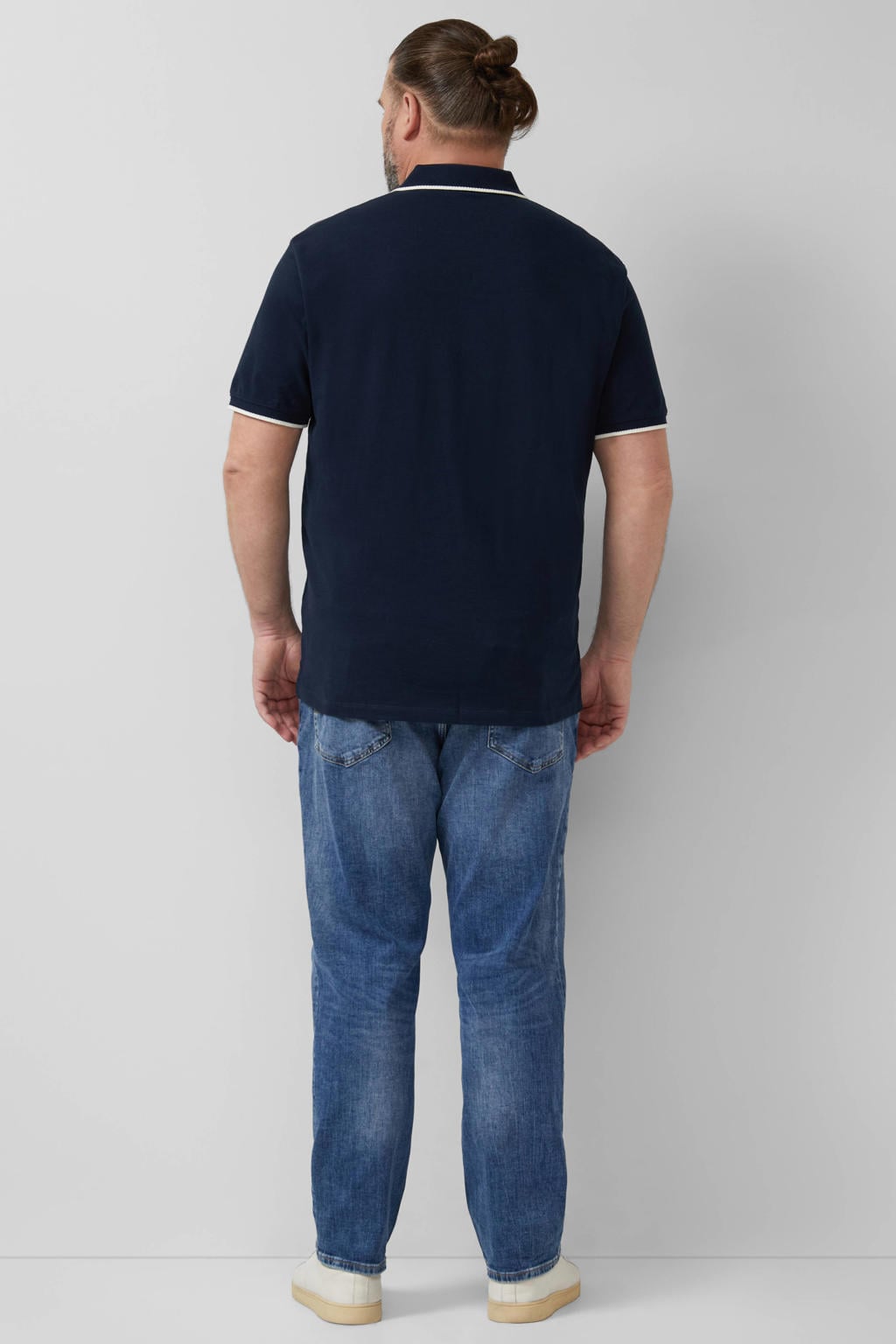 Donkerblauwe heren s.Oliver Big Size regular polo van katoen met effen, korte mouwen en geribde boorden