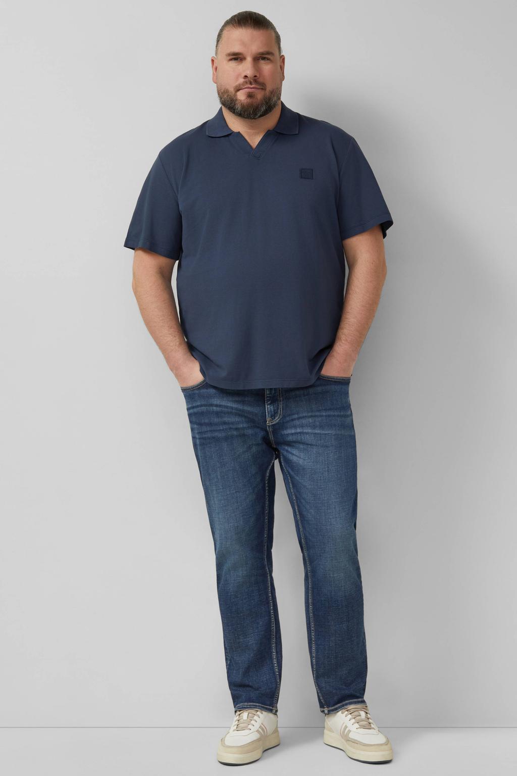 Donkerblauwe heren s.Oliver Big Size regular polo van katoen met effen, korte mouwen en openvallende hals