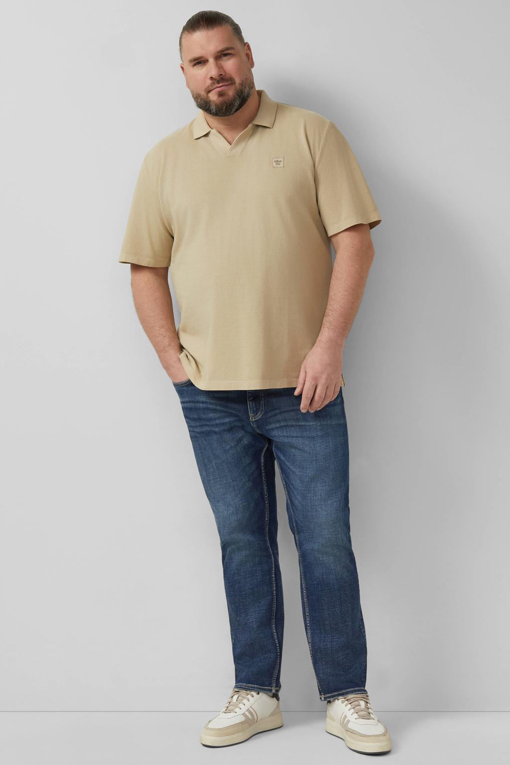 Beige heren s.Oliver Big Size regular polo van katoen met effen, korte mouwen en openvallende hals