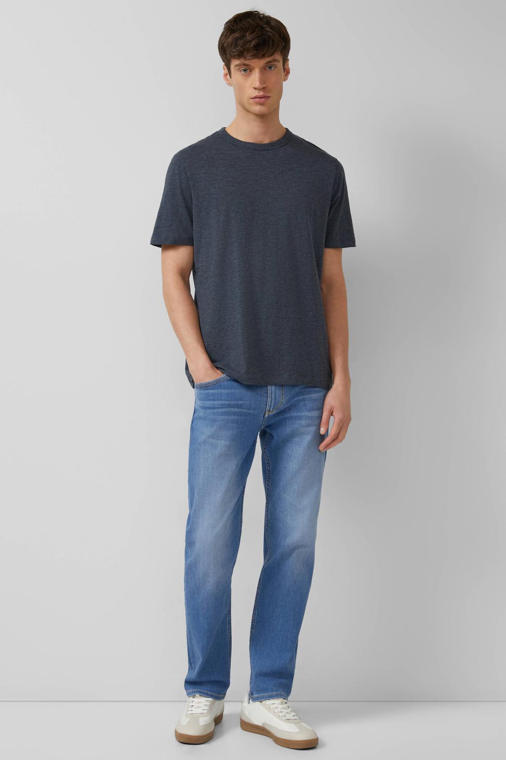 Donkerblauwe heren s.Oliver regular T-shirt van katoen met melée print, korte mouwen en ronde hals