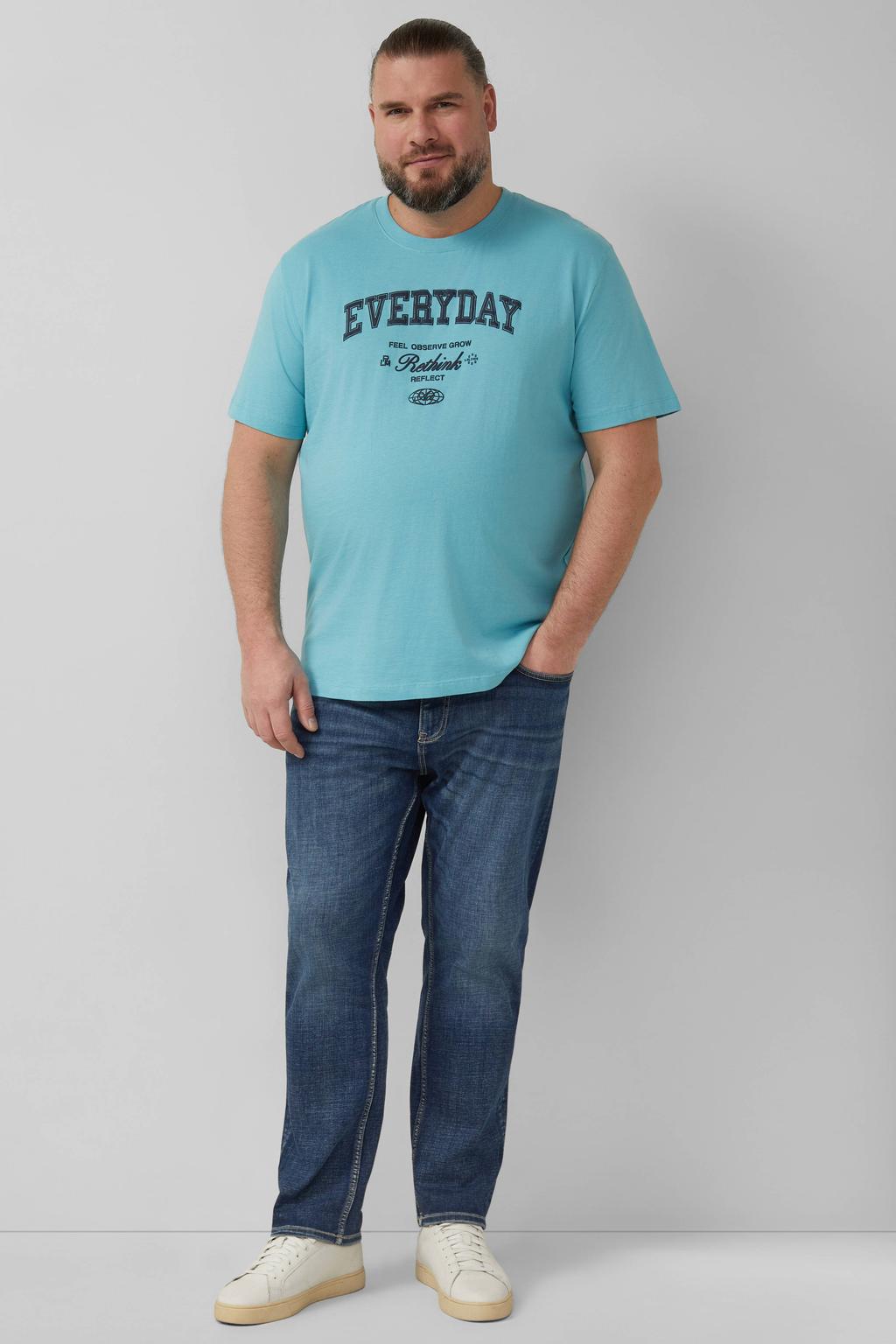 Petrolkleurige heren s.Oliver Big Size regular T-shirt van katoen met printopdruk, korte mouwen en ronde hals