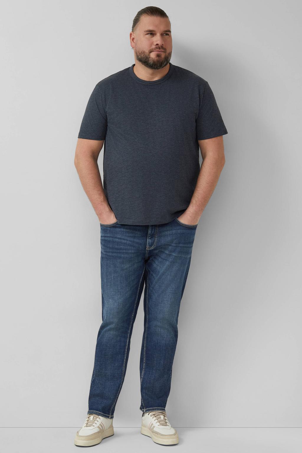 Donkerblauwe heren s.Oliver Big Size regular T-shirt van katoen met melée print, korte mouwen en polo kraag