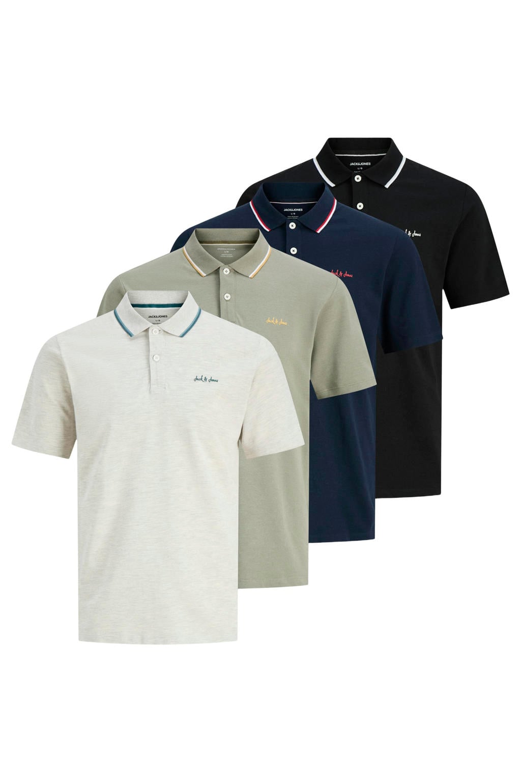Multikleurige heren JACK & JONES regular polo set van 4 van katoen met melée print, korte mouwen en knoopsluiting