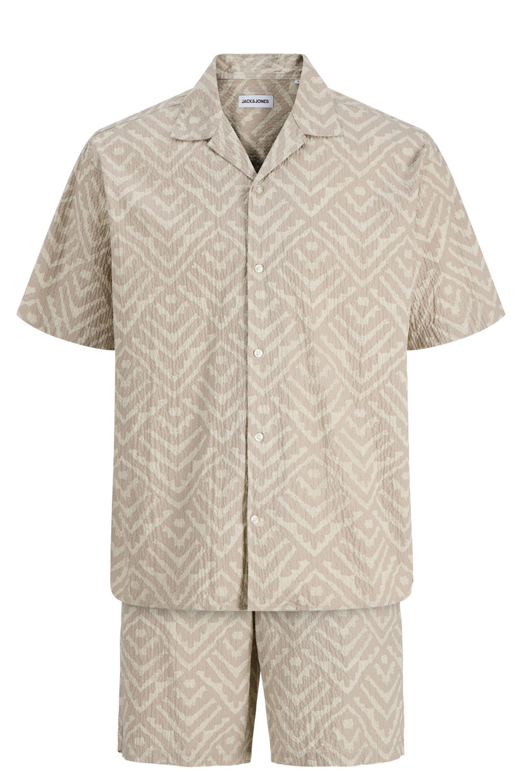 Set van 2 beige heren JACK & JONES loose casual overhemd van katoen met korte mouwen, widespread hals en knoopsluiting