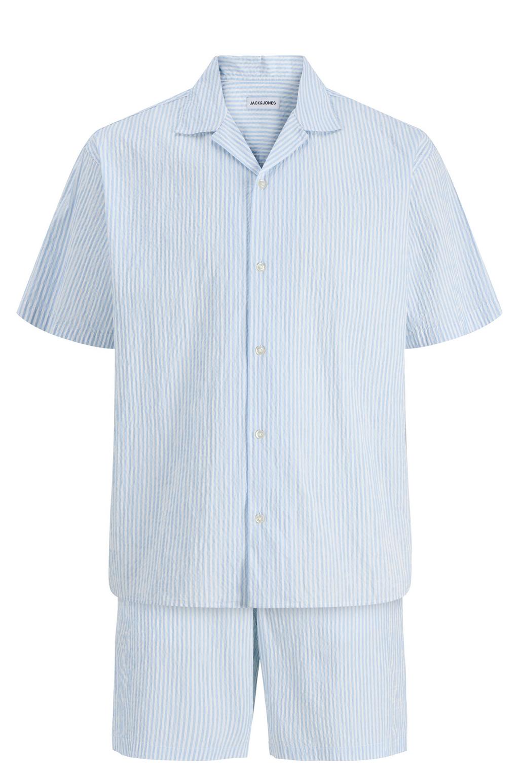 Set van 2 lichtblauwe heren JACK & JONES loose gestreept casual overhemd van katoen met korte mouwen, widespread hals en knoopsluiting