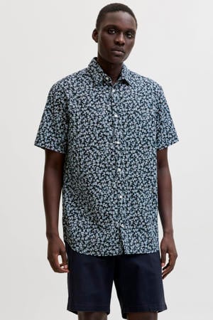 regular casual overhemd met linnen donkerblauw