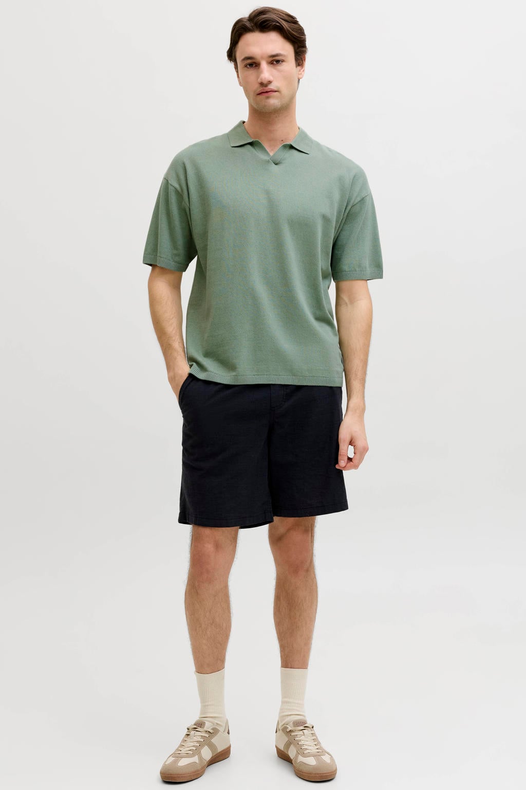 Groene heren JJ REBEL regular polo fijn gebreid van katoen met effen en korte mouwen