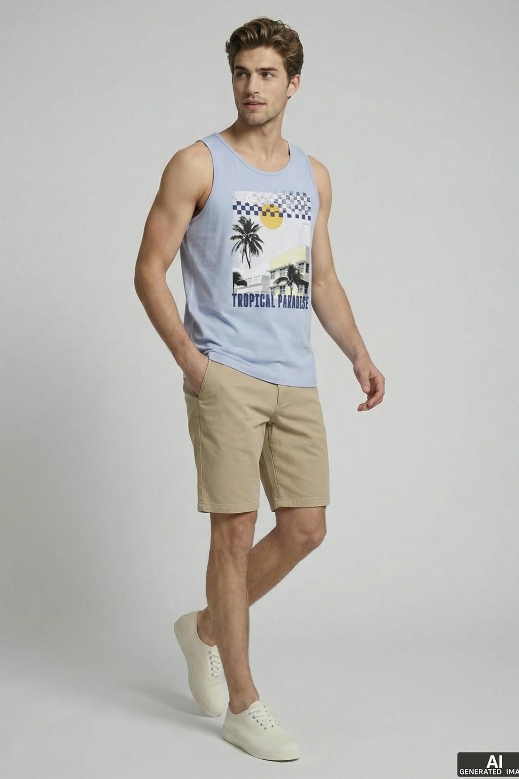 Blauwe heren JJ REBEL tanktop van katoen met printopdruk en ronde hals